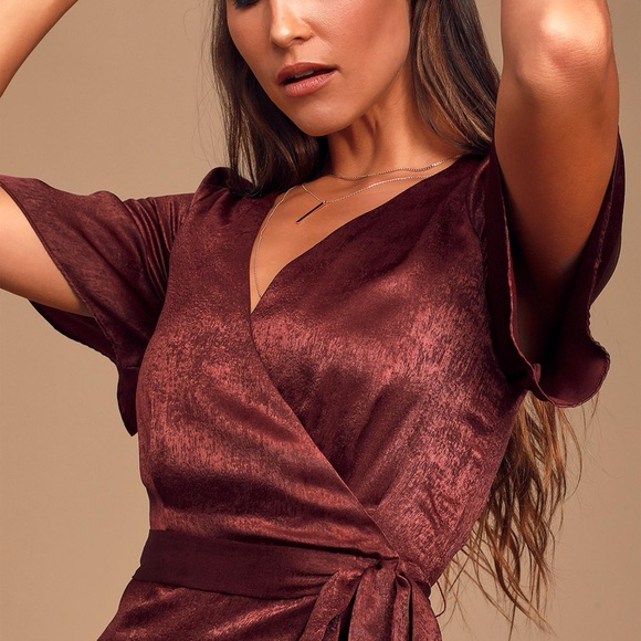 NWT Lulus Burgundy Satin Faux-Wrap Midi Dress - Picture 3 of 10
